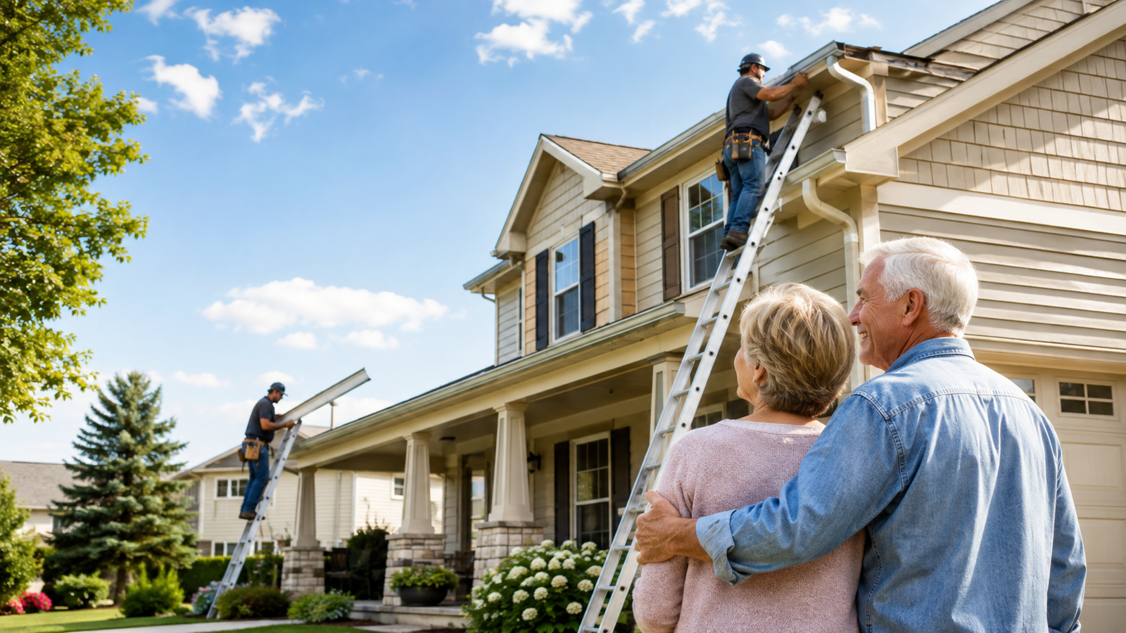 Professional gutter installers working on a modern American home while homeowners observe the completed gutter system